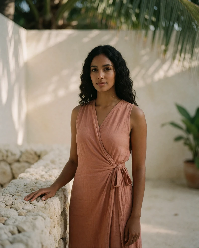 Maldivian woman in a terracotta wrap dress standing in a quiet coral-stone courtyard.