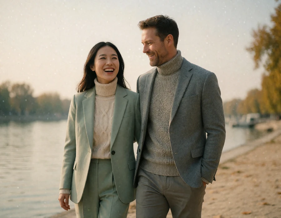 Chinese woman and a Western man walking together along a quiet riverside promenade, laughing.