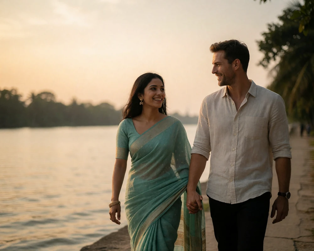 Couple walking hand in hand along a riverside promenade at golden hour, the woman in a teal sari.
