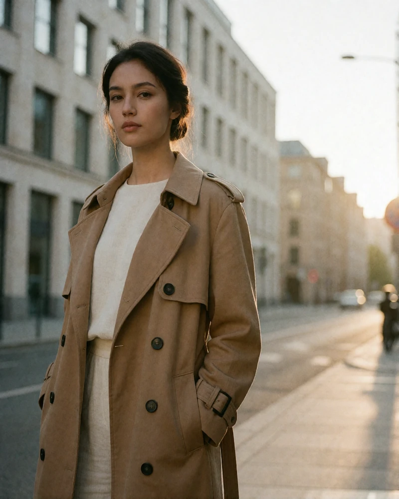 Kazakh woman in a camel trench coat standing on a quiet city street at golden hour.