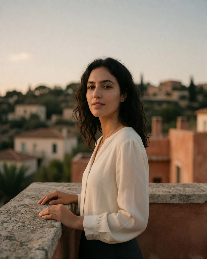 Jordanian woman in an ivory blouse standing on an evening rooftop terrace overlooking Amman.