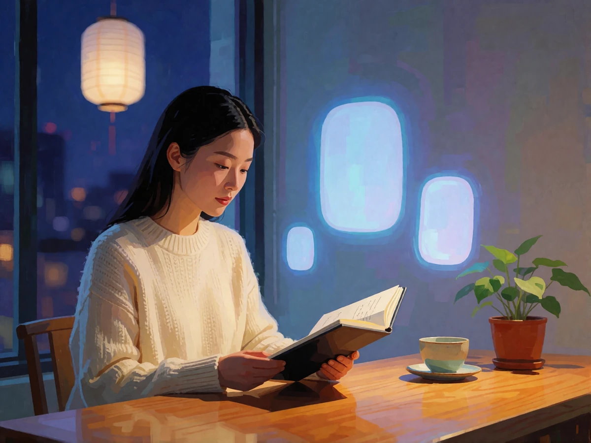 Asian woman in a cream sweater reviewing a closed folio at a wooden desk beside a window in the evening.