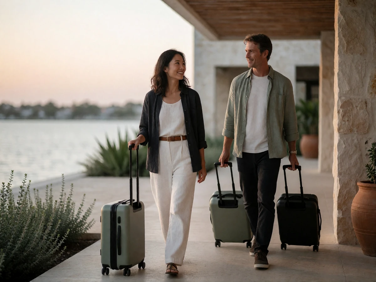 Asian woman and American man walking together on a waterfront hotel promenade.