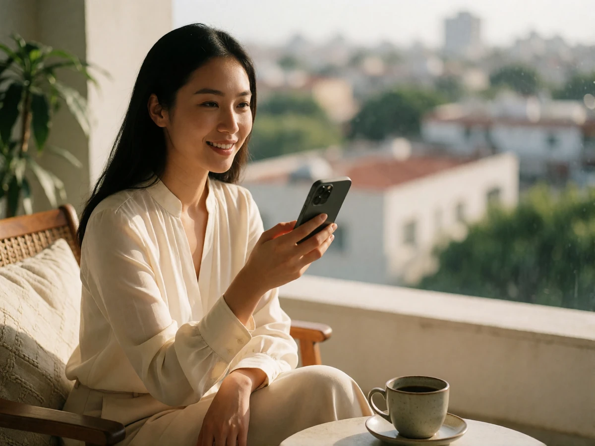 Asian woman in a cream blouse smiling during a video call on a sunlit balcony.