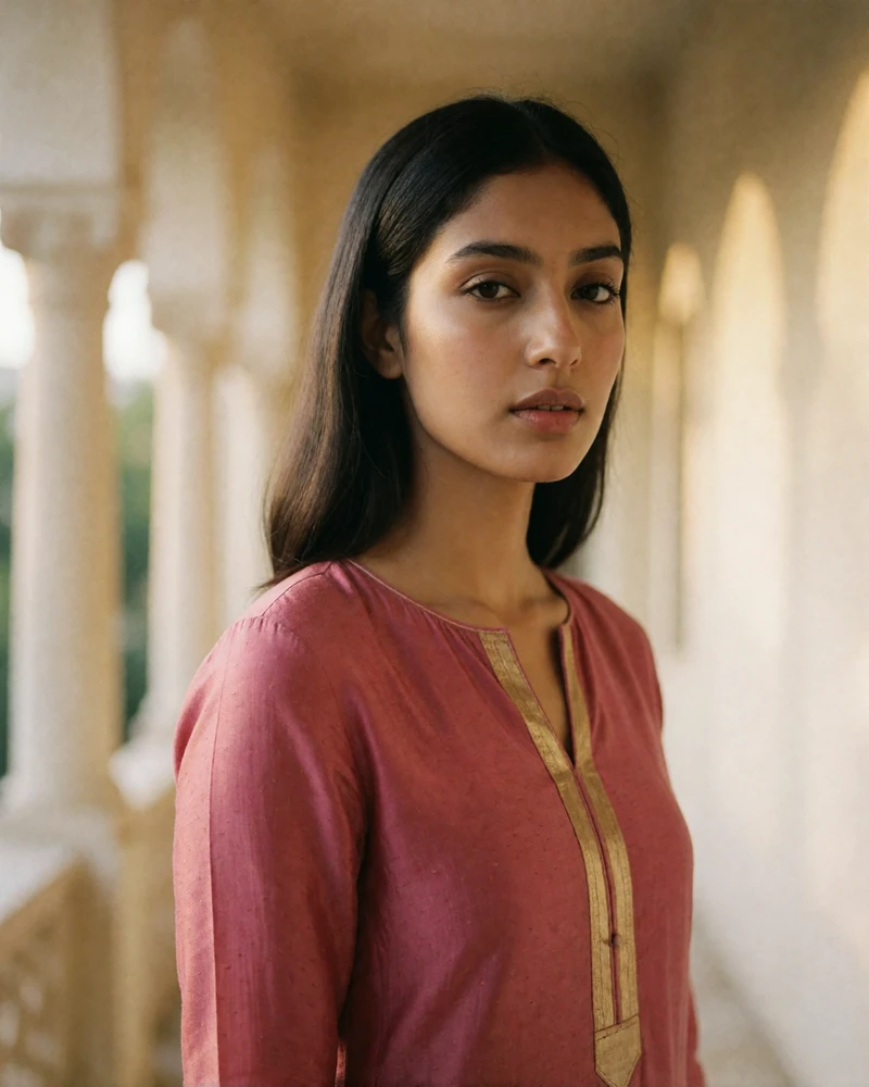 Pakistani woman in a deep rose silk kurta standing in a sunlit arched corridor.