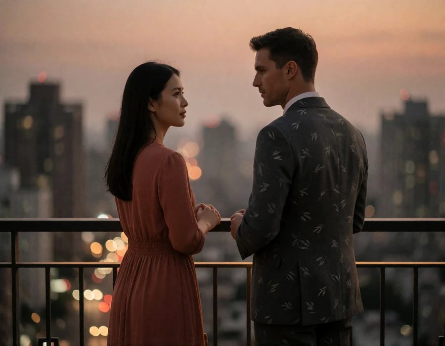 Taiwanese woman and Western man standing close in quiet conversation at a rooftop lounge railing at dusk.