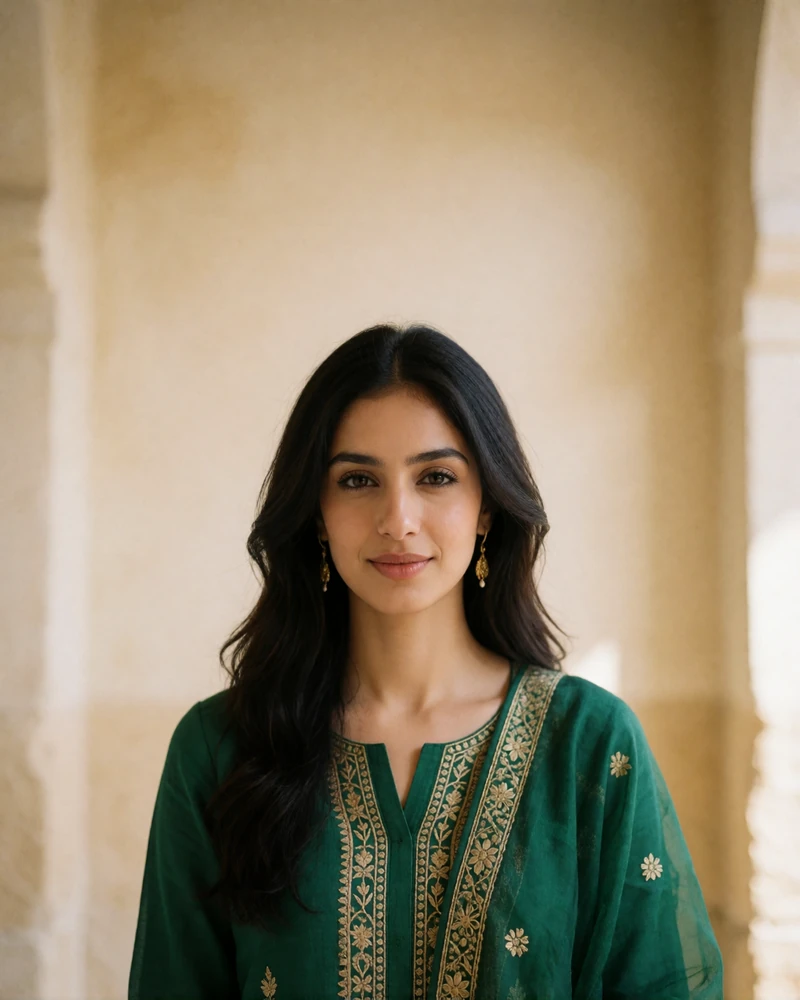 Pakistani woman in an emerald embroidered kameez with gold-bordered dupatta.