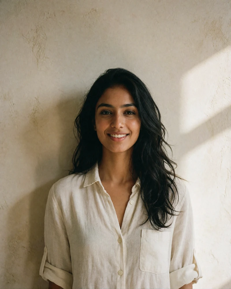 Indian woman in an ivory shirt smiling against a plain plaster wall.