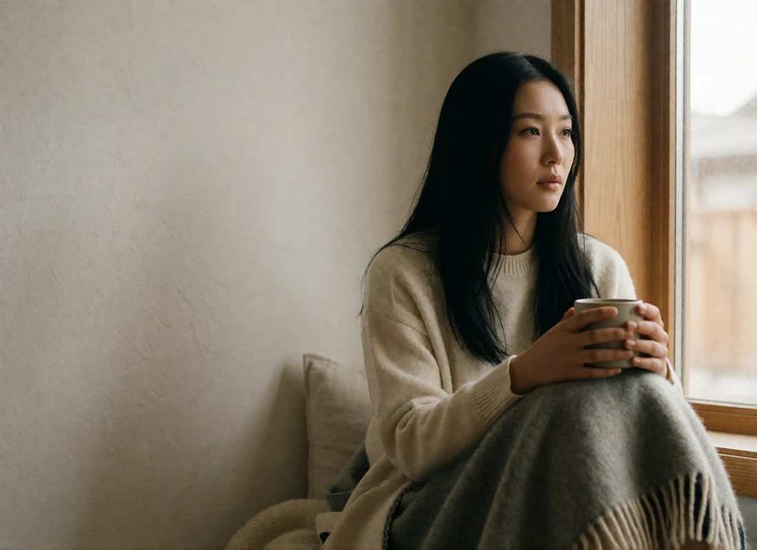 Mongolian woman seated by a window in a warm contemporary home, hands wrapped around a cup.