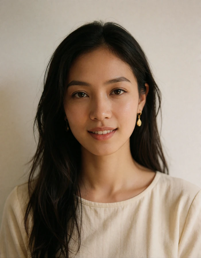 Cambodian woman smiling warmly against a plain cream wall in soft natural light.