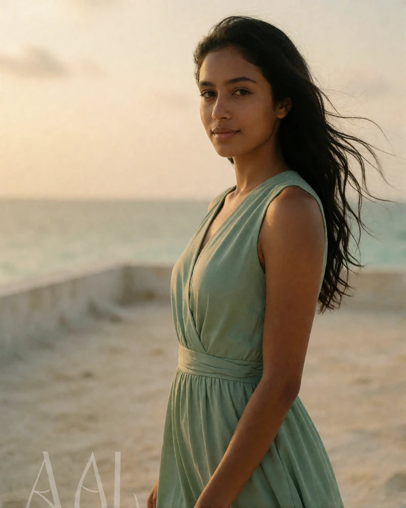 Maldivian woman in a sage green dress standing on a rooftop terrace at golden hour.