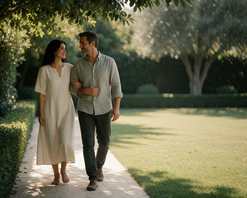 Couple walking arm in arm along a shaded garden path in soft daylight.