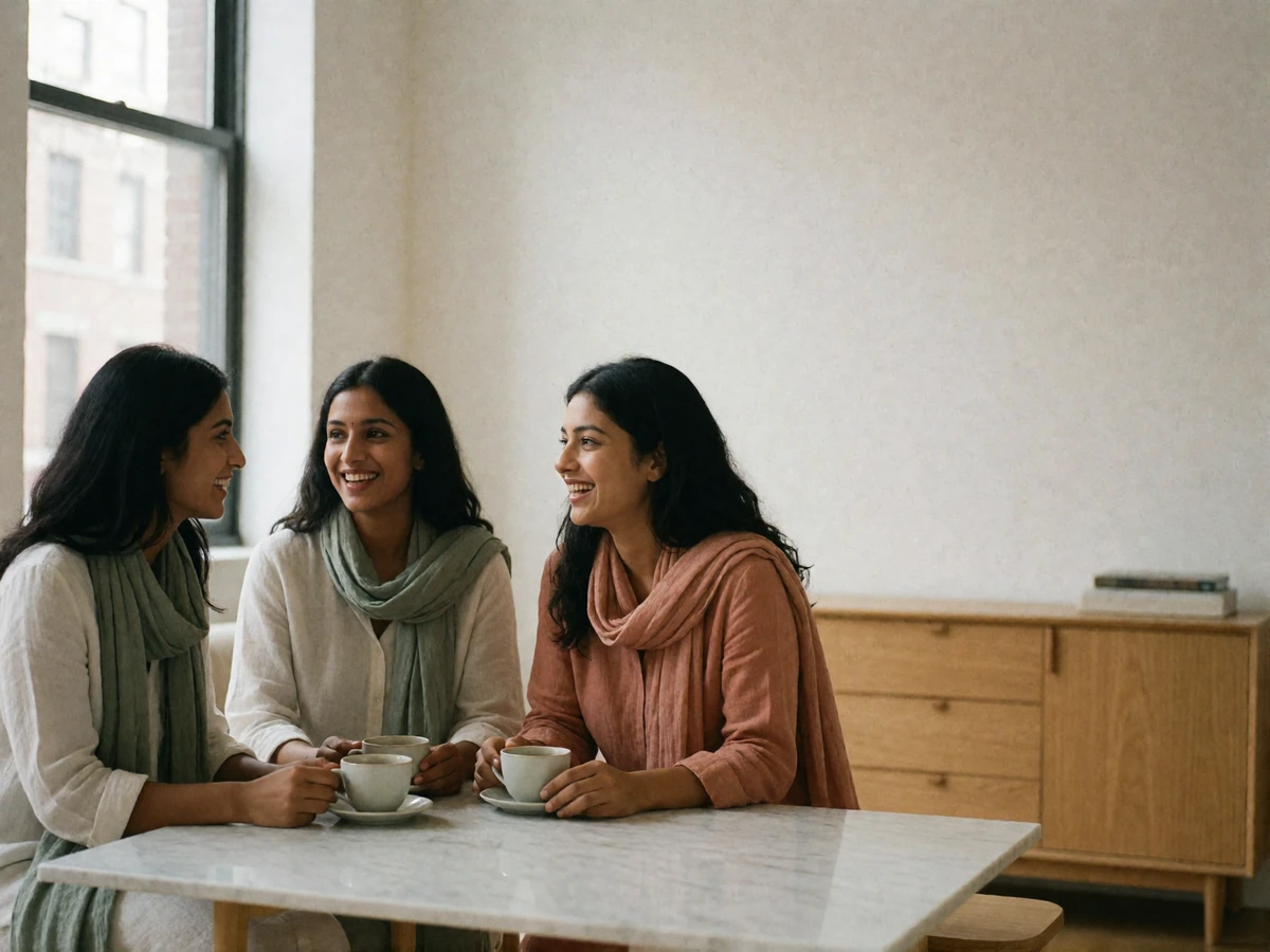 Three Indian women laughing together over tea around a low marble table in a bright modern apartment.