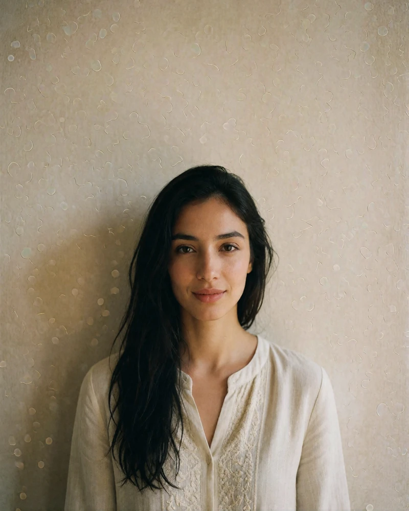 Tajik woman in a cream embroidered blouse smiling warmly against a plain plaster wall.