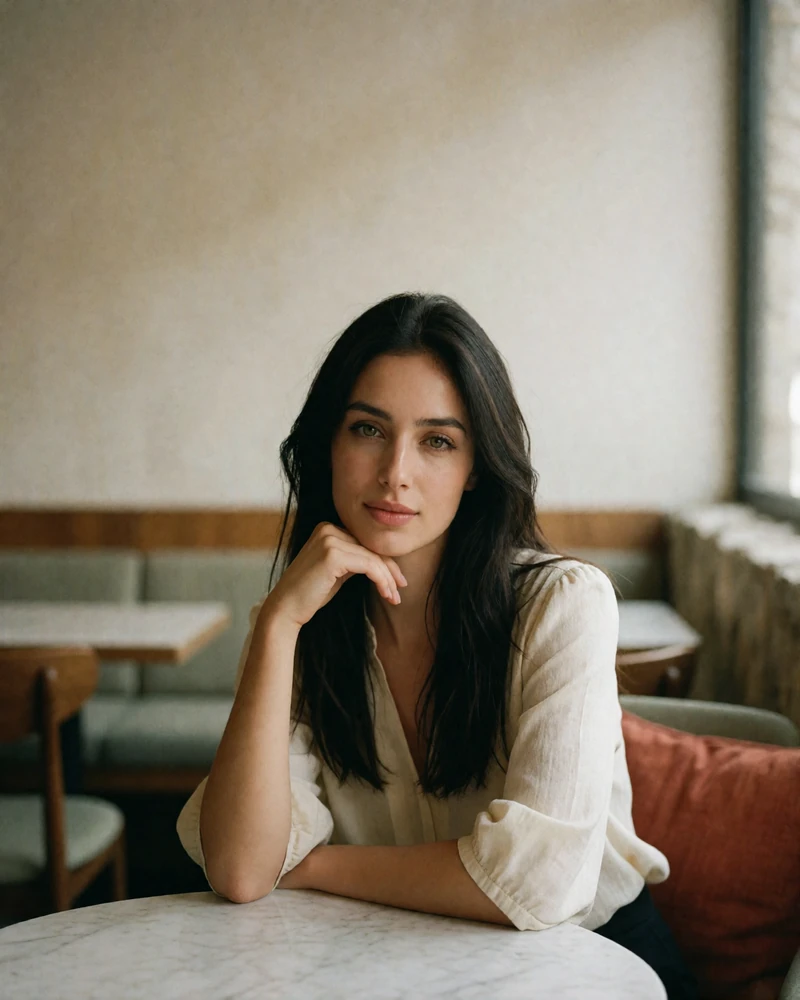 Armenian woman with long dark hair sitting at a marble café table with a relaxed smile.