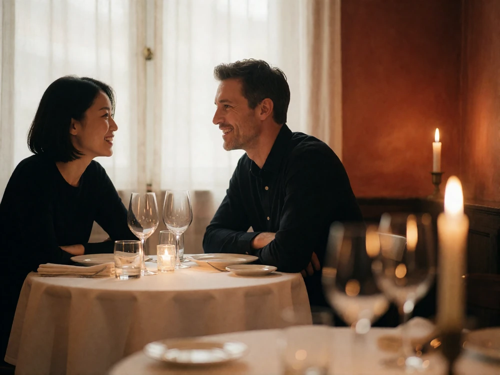 Japanese woman and a Western man leaning toward each other in conversation at a small table in an intimate dining room.