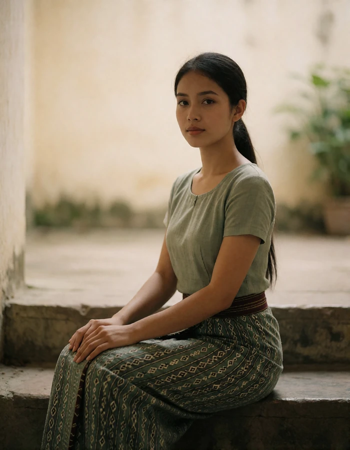 Burmese woman seated on shaded stone steps in a quiet courtyard, wearing a patterned longyi.