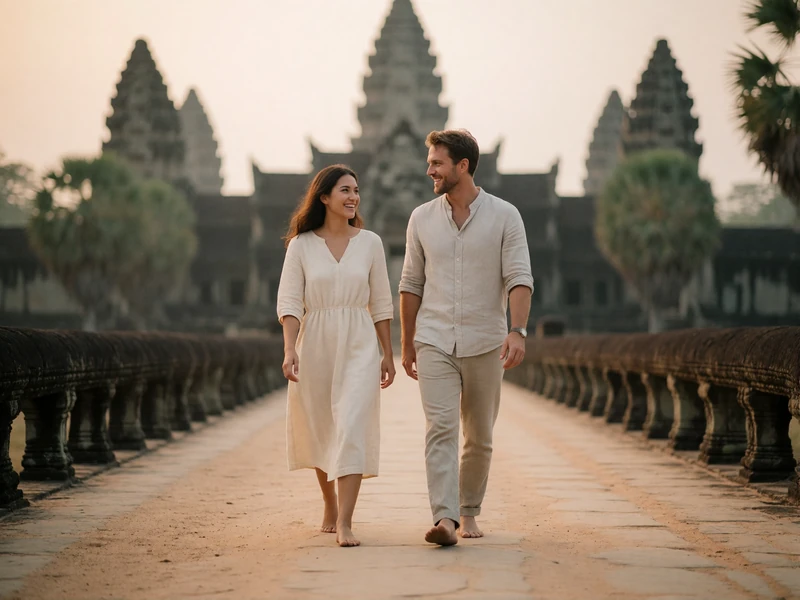 Couple walking together along a stone causeway near ancient temple ruins in early morning light.