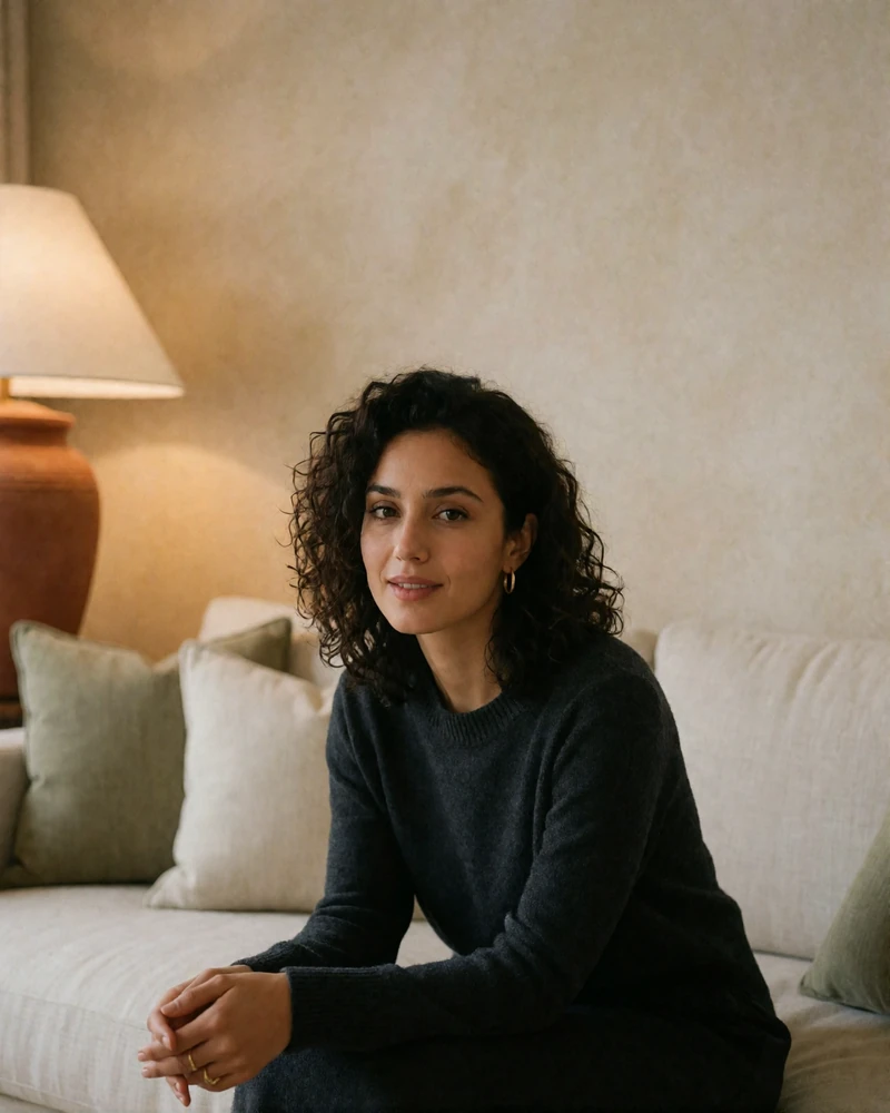 Armenian woman with dark curly hair sitting on a linen sofa in a hotel lounge at dusk.