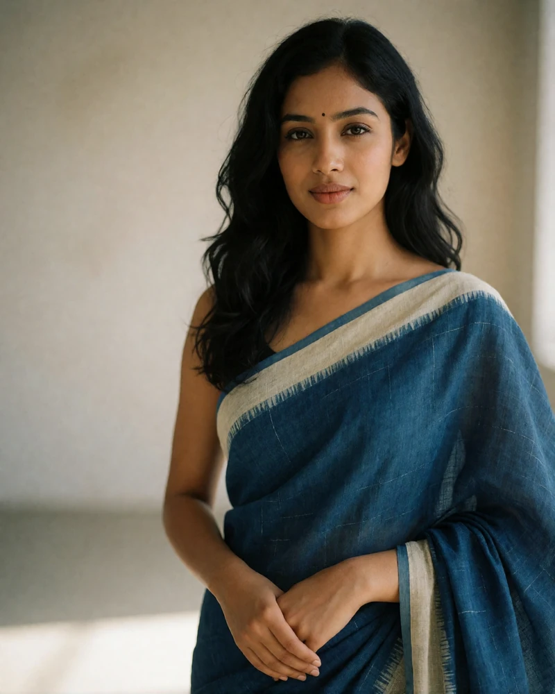Bangladeshi woman in an indigo sari with a cream border against a neutral studio wall.