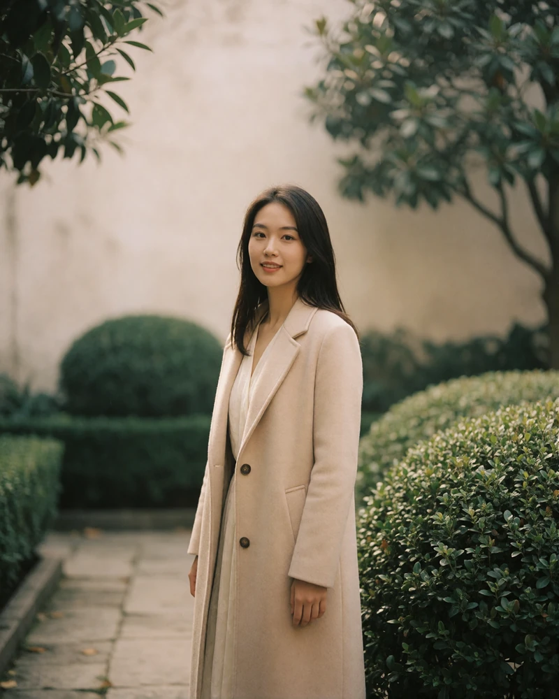 Chinese woman in a beige coat standing in a quiet garden courtyard.