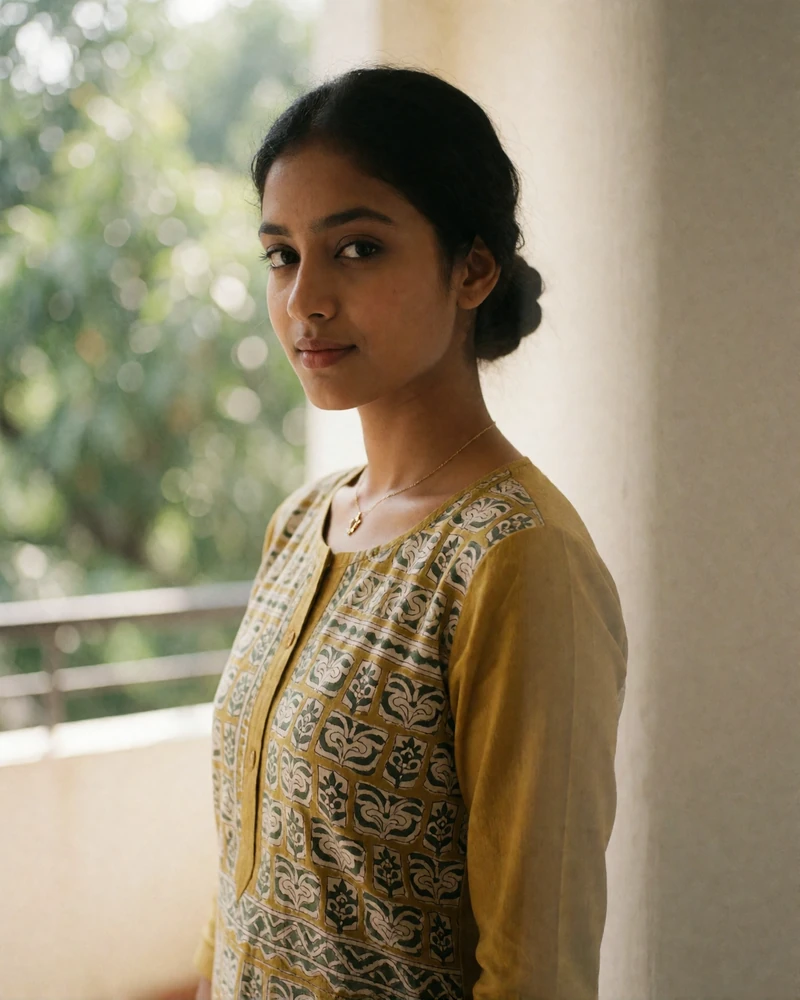 Bangladeshi woman in a mustard block-print kurta standing on a sunlit balcony.