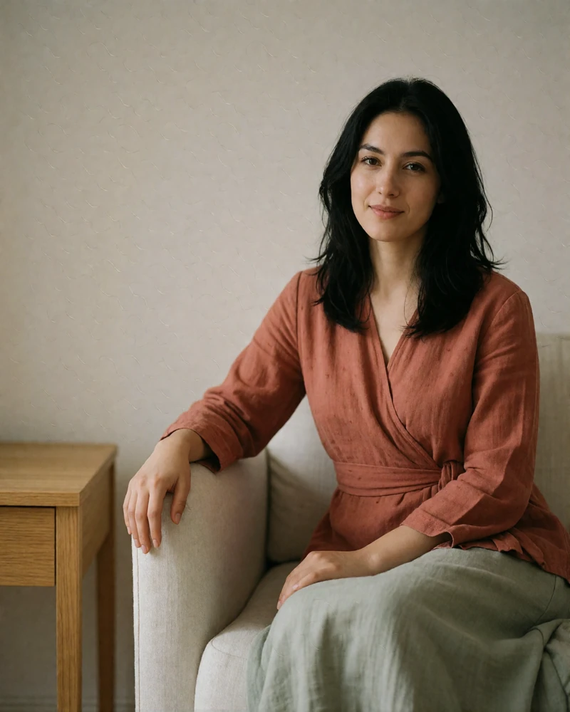 Turkmen woman in a terracotta wrap top seated in a minimal pale interior.