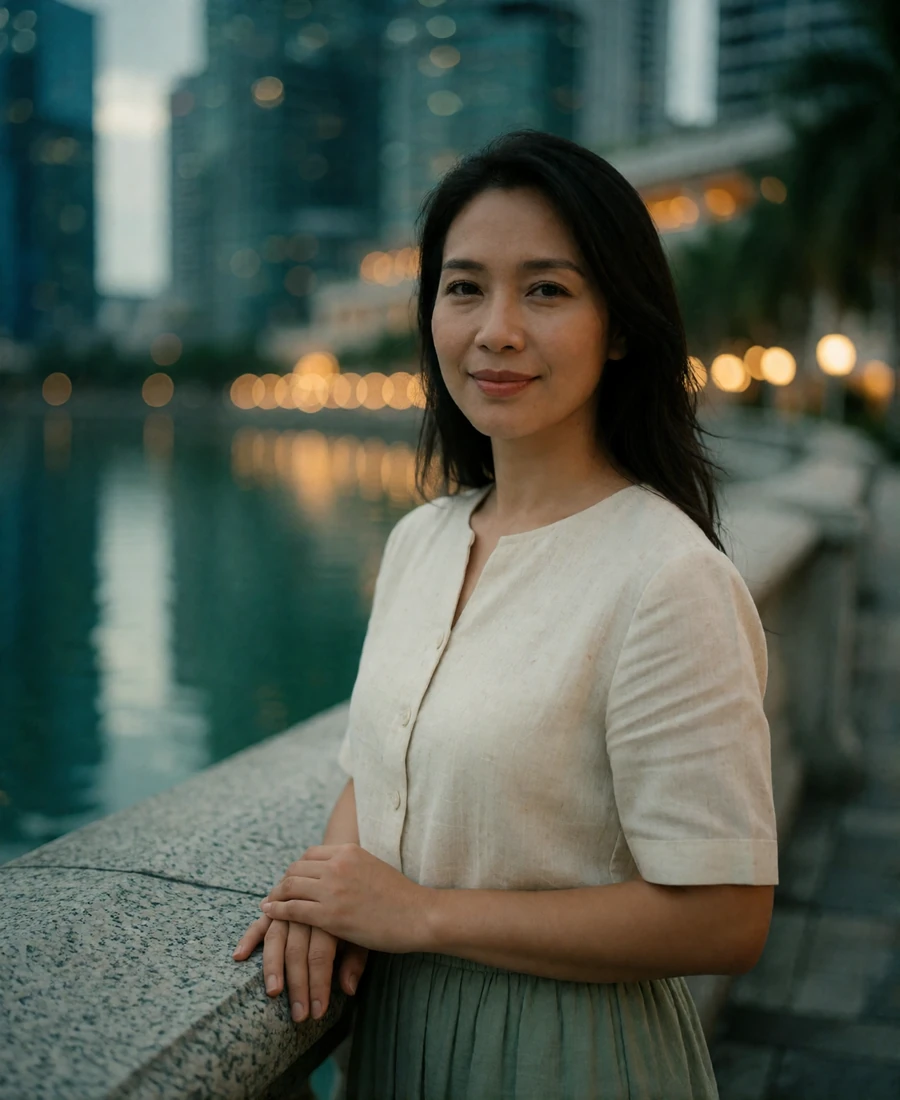 Singaporean woman in a cream and sage outfit standing beside an urban waterfront promenade at dusk.