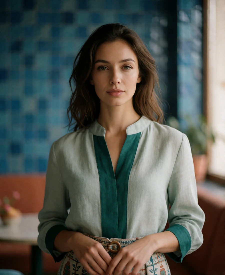 Uzbek woman in a warm-linen blouse with emerald details standing before a softly blurred blue-tile wall.