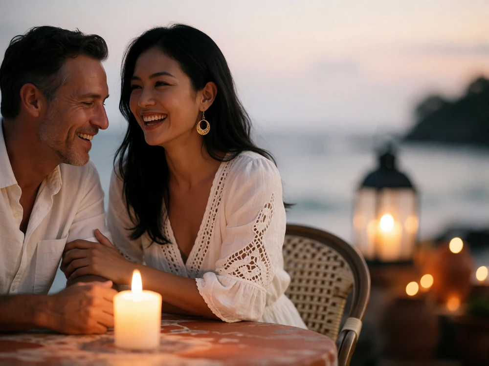 Couple sitting at a candlelit table on a seaside terrace at dusk, laughing together.