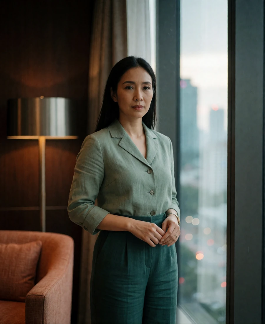Malaysian woman in a sage-green tailored outfit standing near a window in a hotel lounge at dusk.