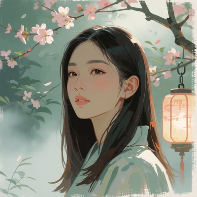 Portrait-style illustration of a woman with straight dark hair, looking softly to one side in a misty garden.