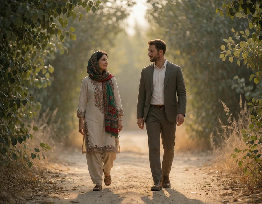 Couple walking together along a quiet tree-lined path in warm golden light, keeping a respectful distance.