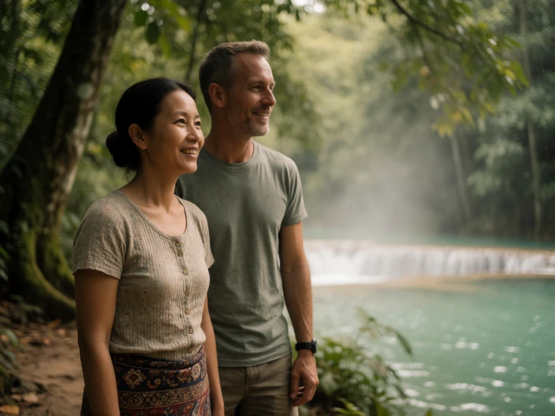 Couple pausing together on a shaded forest path near turquoise cascade pools.