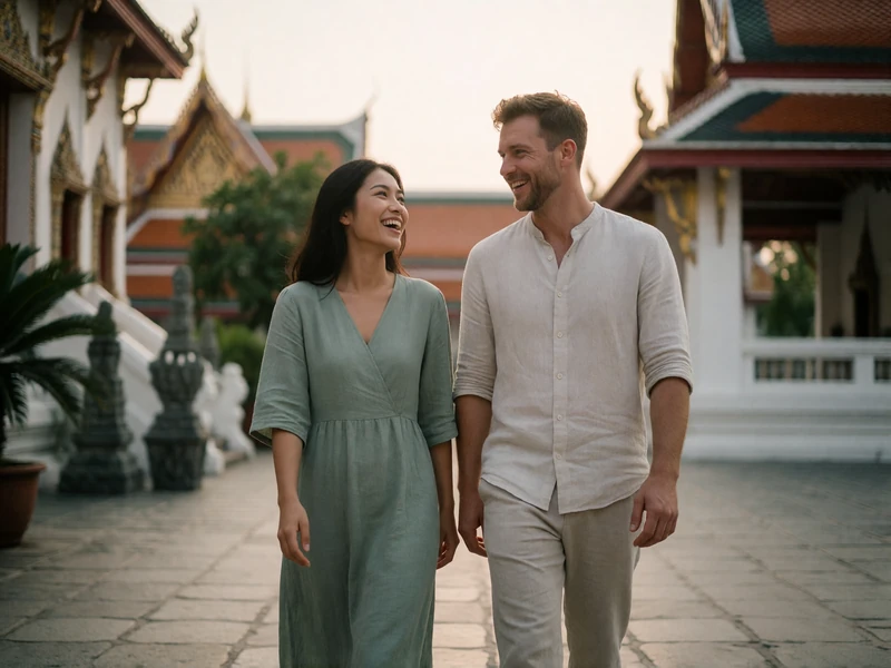 Couple walking together through a quiet temple courtyard in the late afternoon, sharing a relaxed laugh.