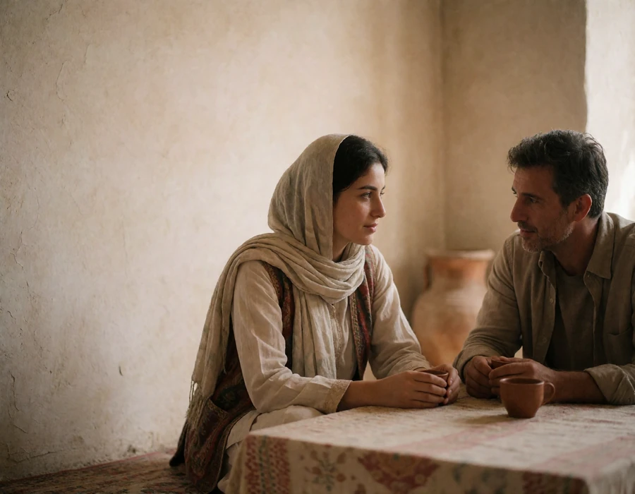 Couple sharing tea at a low table in a warm plaster-walled interior, turned toward each other in conversation.