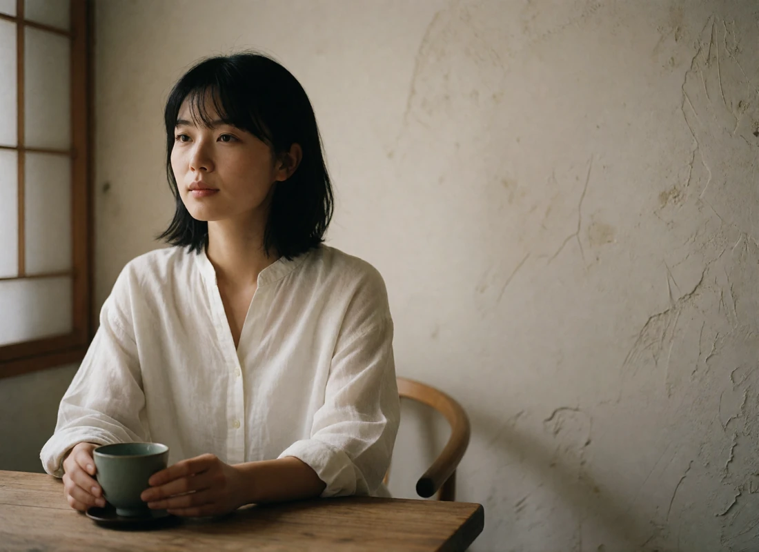 Japanese woman seated at a wooden table in a quiet tea room, hands resting near a ceramic cup.