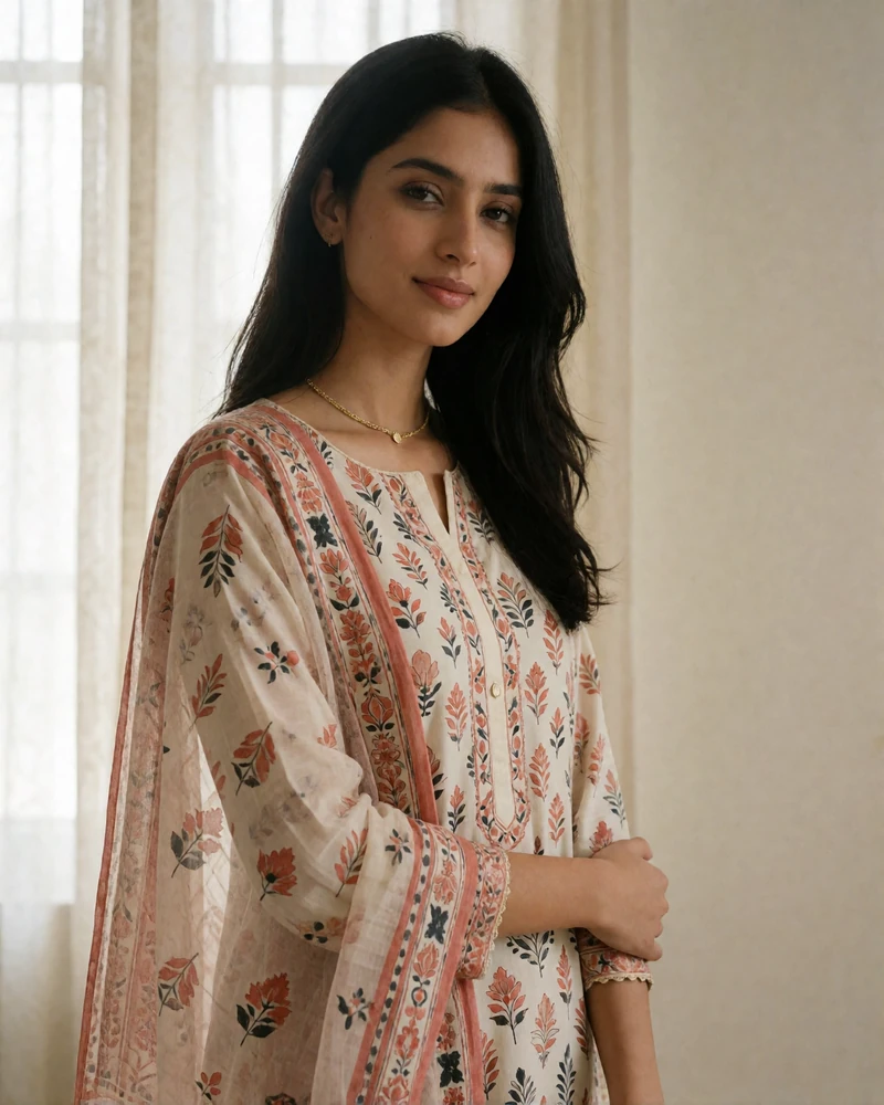 Pakistani woman in an ivory and terracotta printed kameez in a bright interior.