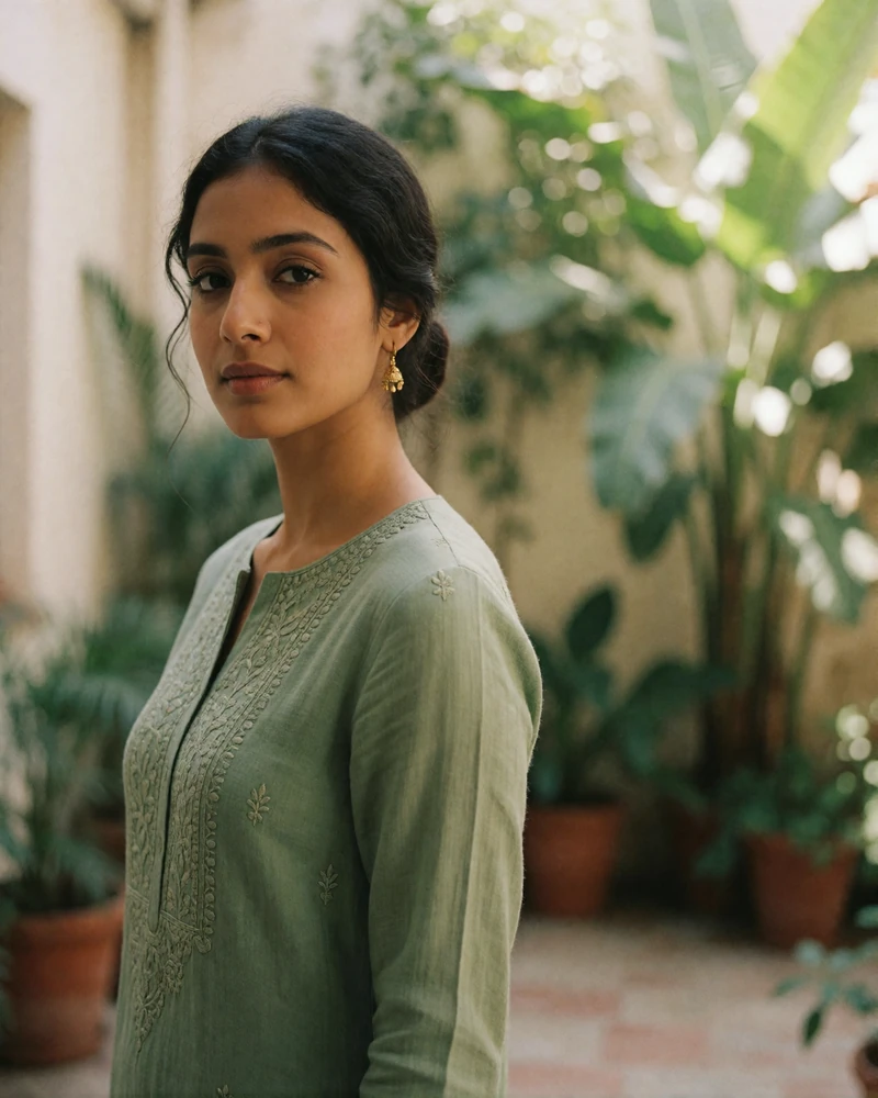 Indian woman in a sage green embroidered kurta standing in a leafy courtyard.