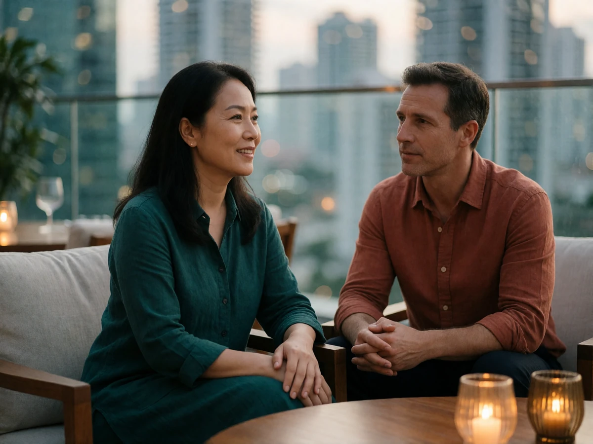 A Singaporean woman and a foreign man in conversation at a relaxed rooftop table in the evening.