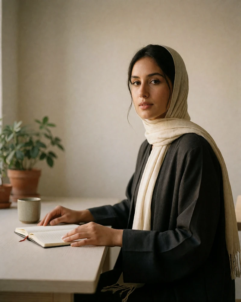 Yemeni woman in a charcoal abaya seated at a study desk with an open notebook.