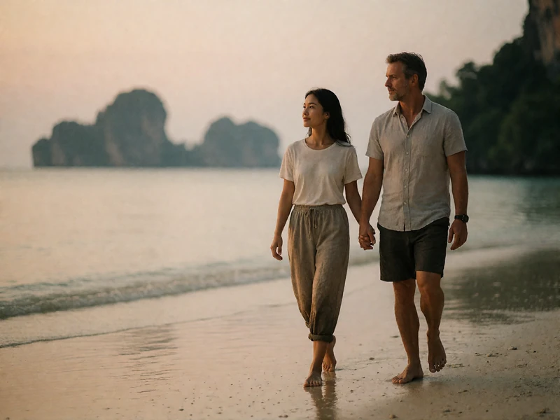 Couple walking barefoot along a calm shoreline at dusk, hands loosely joined, looking toward the water.