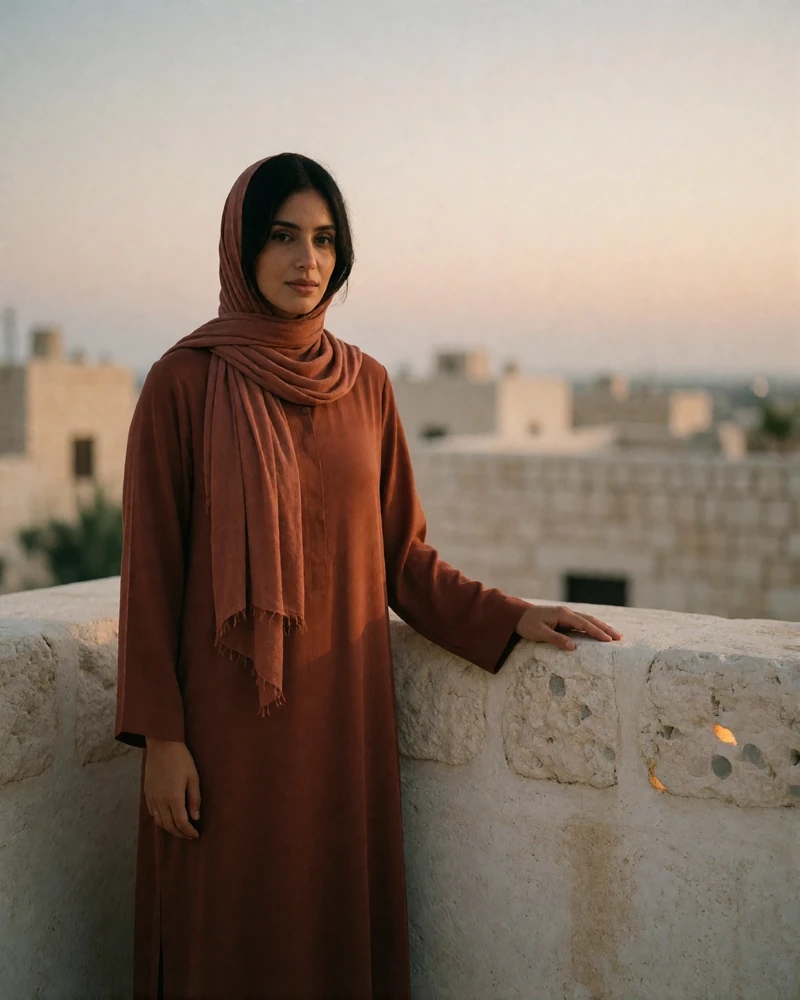 Yemeni woman in a terracotta-toned dress standing on a stone rooftop at dusk.