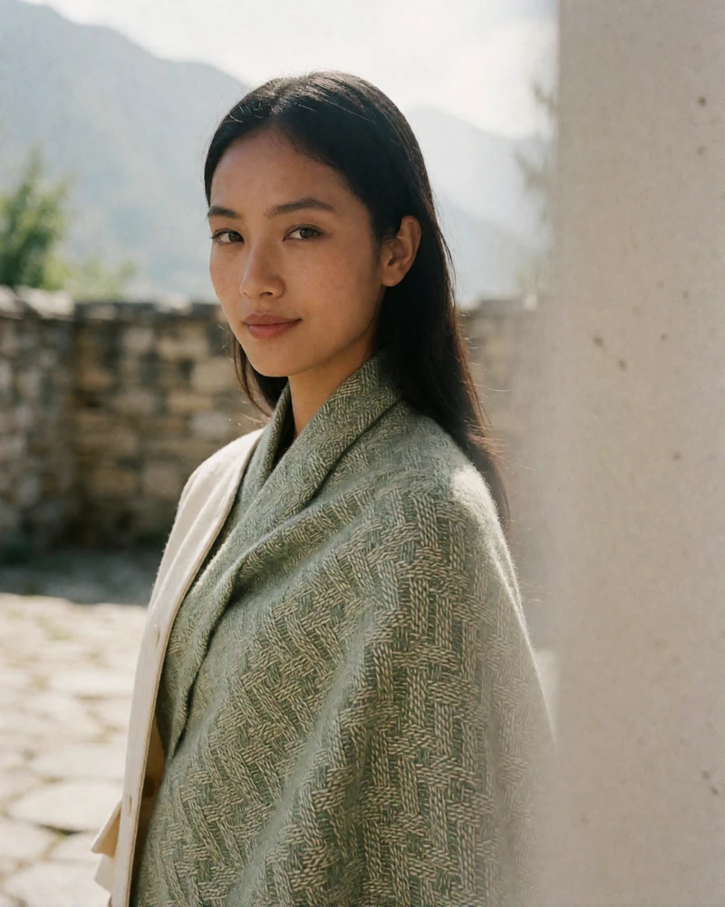 Bhutanese woman in a sage green woven wrap with a cream jacket in a stone courtyard.