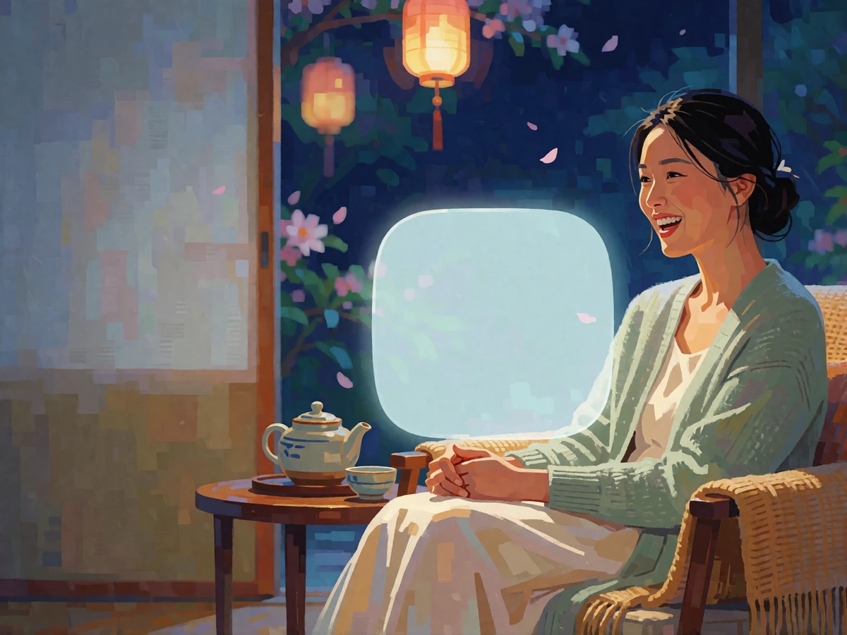 Asian woman in a sage cardigan laughing during a relaxed evening video call at home.