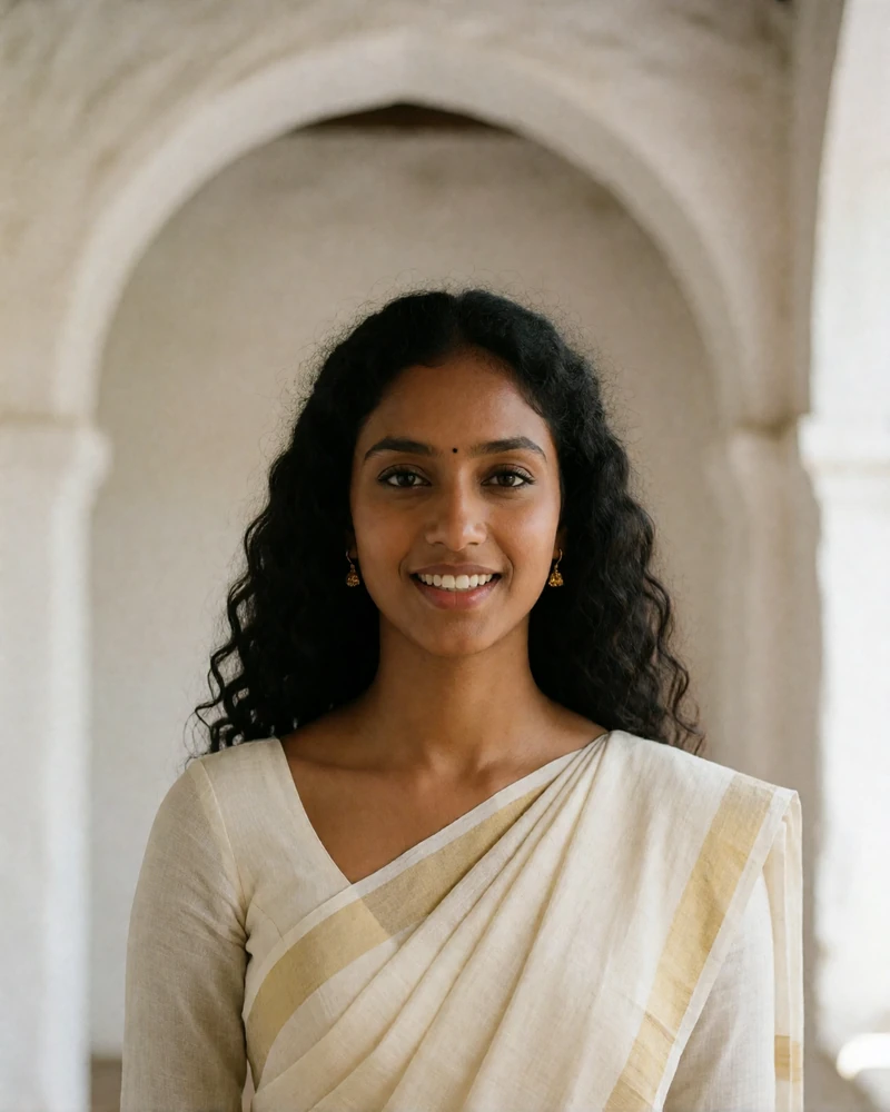 Sri Lankan woman in an ivory saree with a thin gold border smiling near a whitewashed archway.