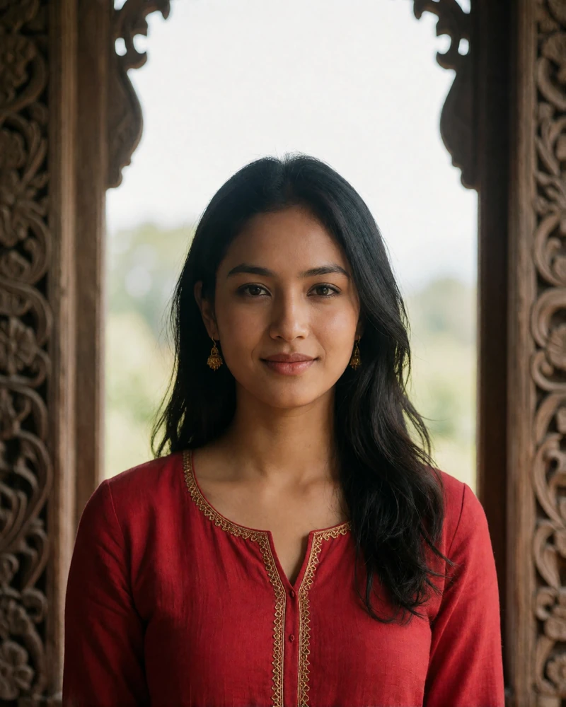 Nepali woman in a crimson kurta with delicate gold thread at the neckline.