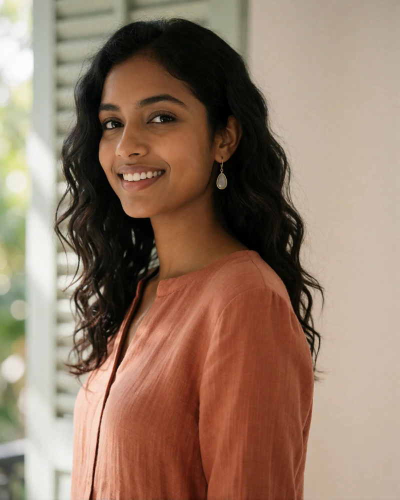 Sri Lankan woman in a terracotta linen blouse with a bright natural smile.