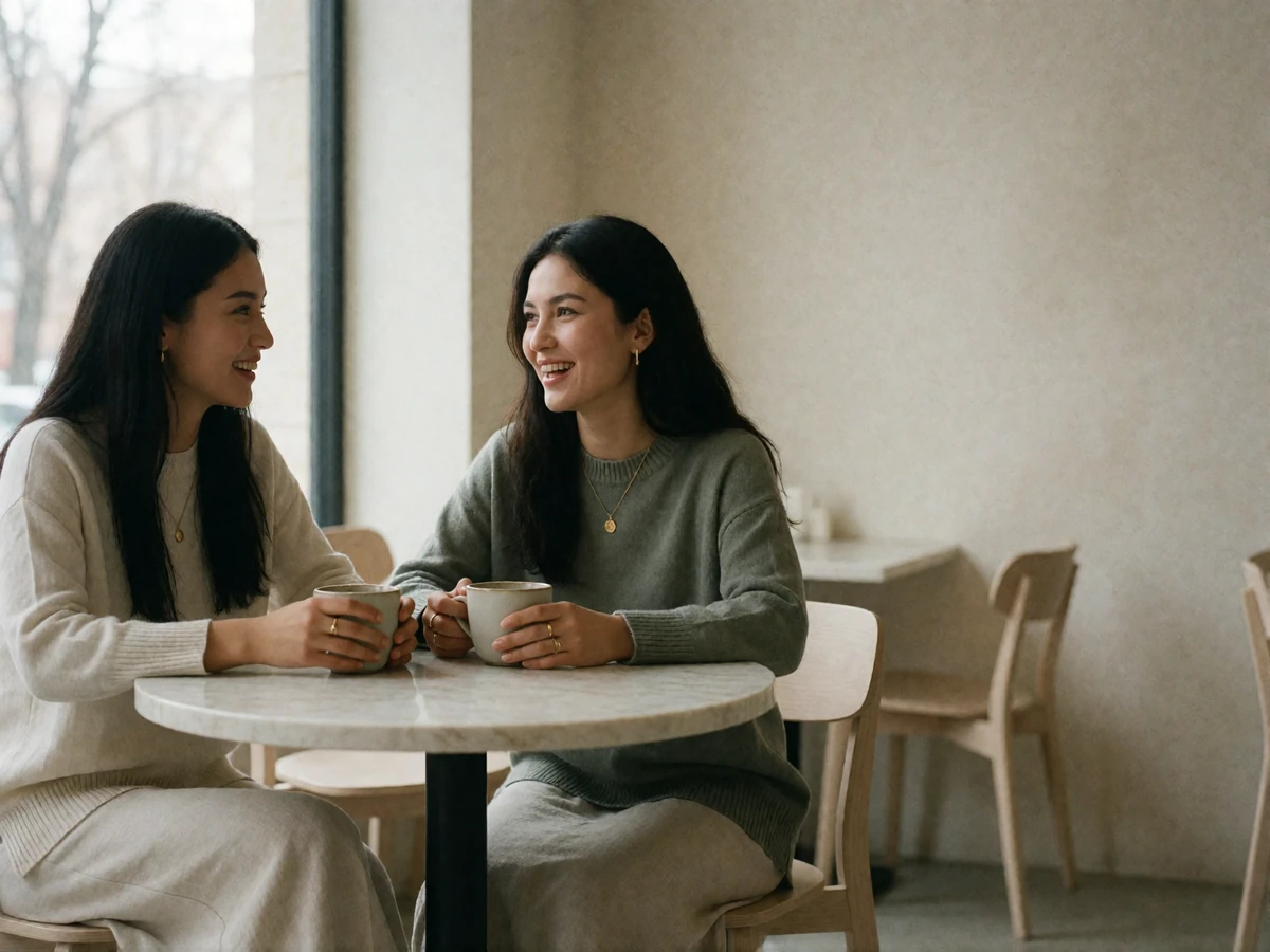 Two Kazakh women laughing together over coffee at a marble cafe table in a bright modern interior.