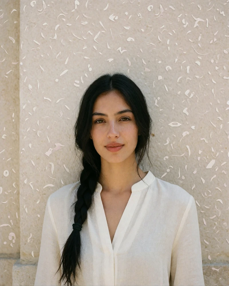 Turkmen woman in an ivory blouse with loosely braided hair against a plain stone wall.